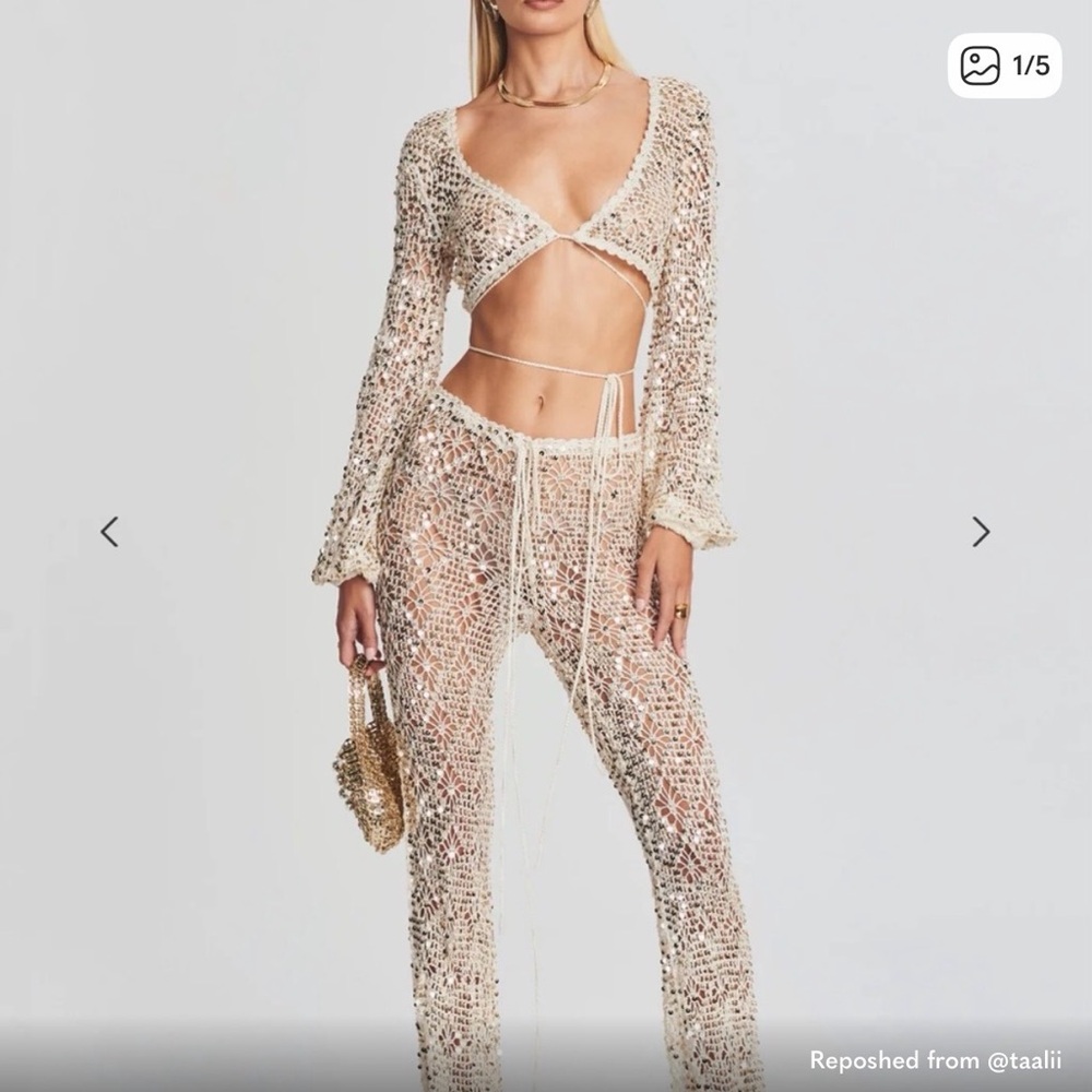 Retrofete Cream Sequin Pants and Top with Long Sleeves